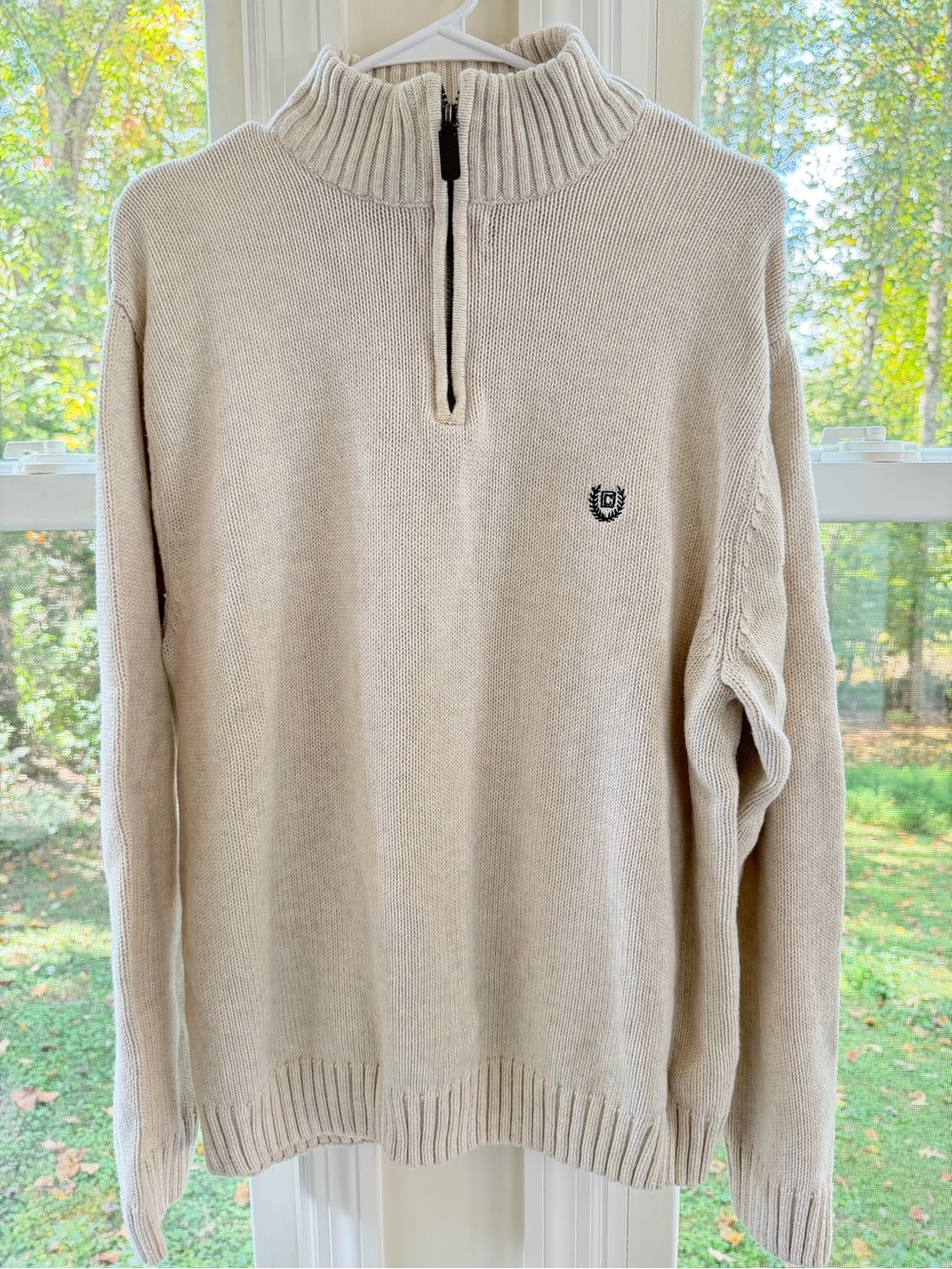 Chaps Cream Half-Zip Mock Neck Sweater with Crest